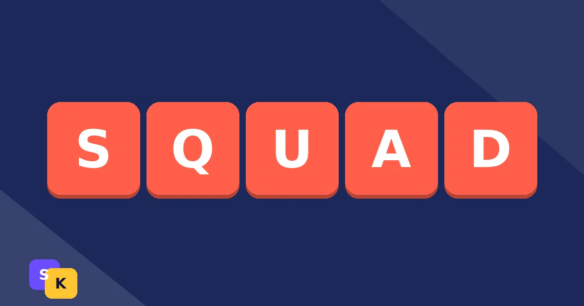Eight groups of colorful letter tiles, each group in a different color, spelling short team names side by side