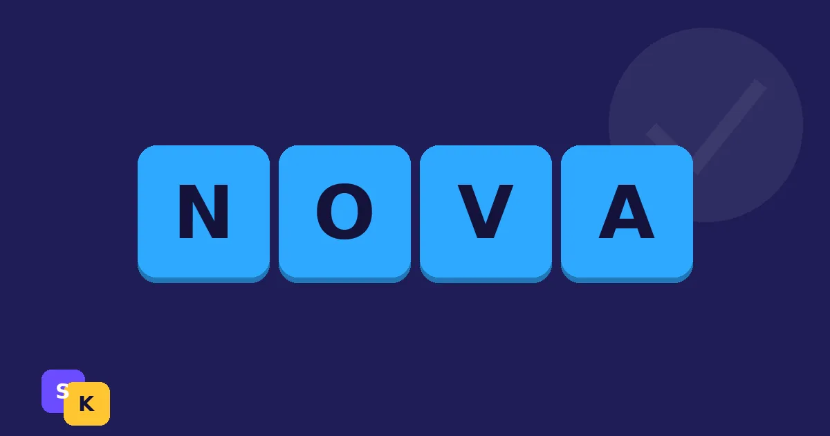 A row of colored letter tiles forming an invented name with a small check mark tile beside it