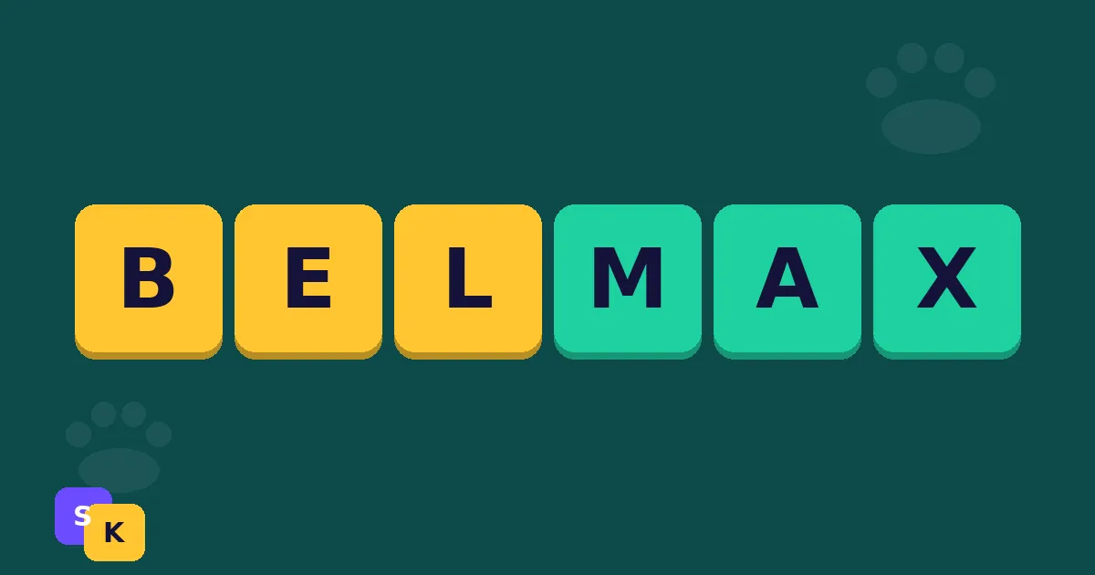 Colored letter tiles combining two short words into one new name next to a small paw print and a simple badge shape